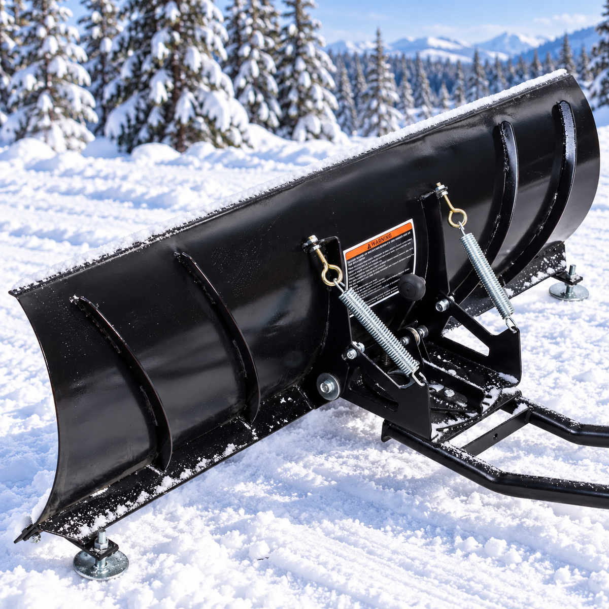 Rear view of ATV snow plow with spring support frame