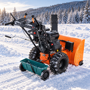 Gas snow blower with included green tow-behind accessory shown