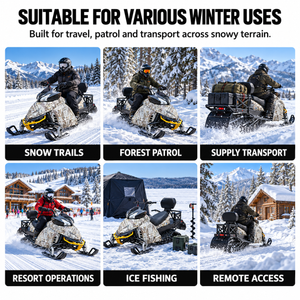 YQ1 snowmobile shown in winter travel and utility use cases