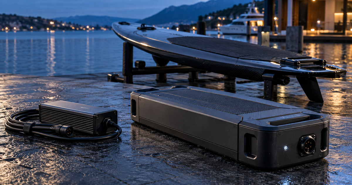 Electric surfboard battery, charger and board at a marina