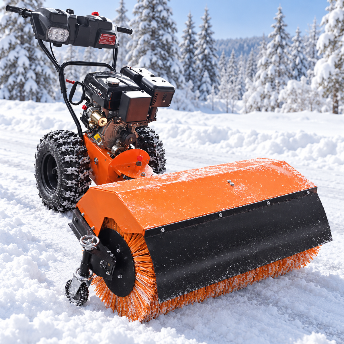 Gas snow sweeper rotating brush and snow shield
