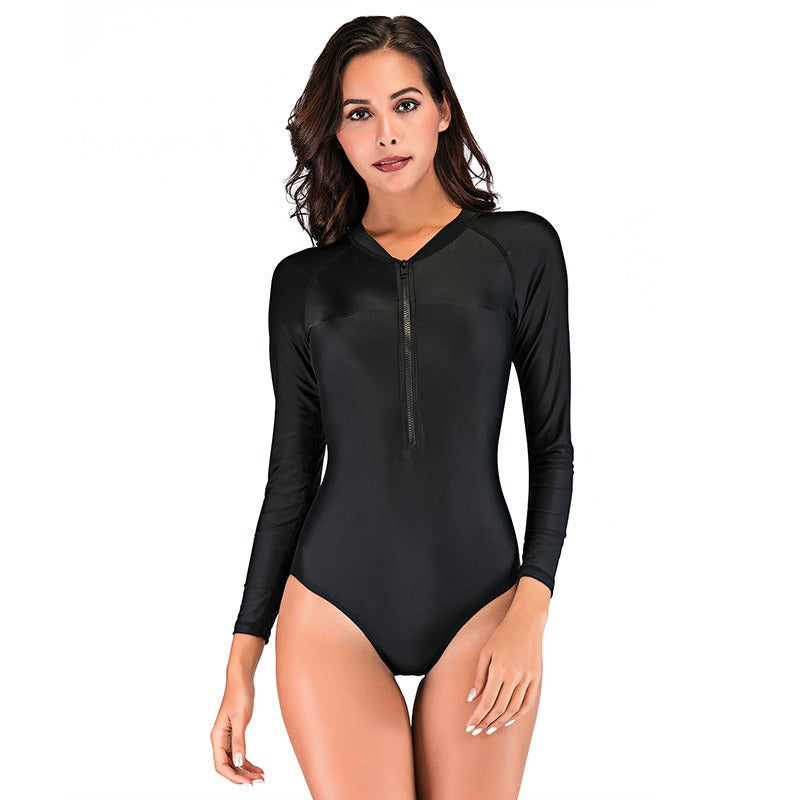 Long-sleeved swimsuit women's one-piece with chest pad conservative and thin professional slim and comfortable swimsuit women