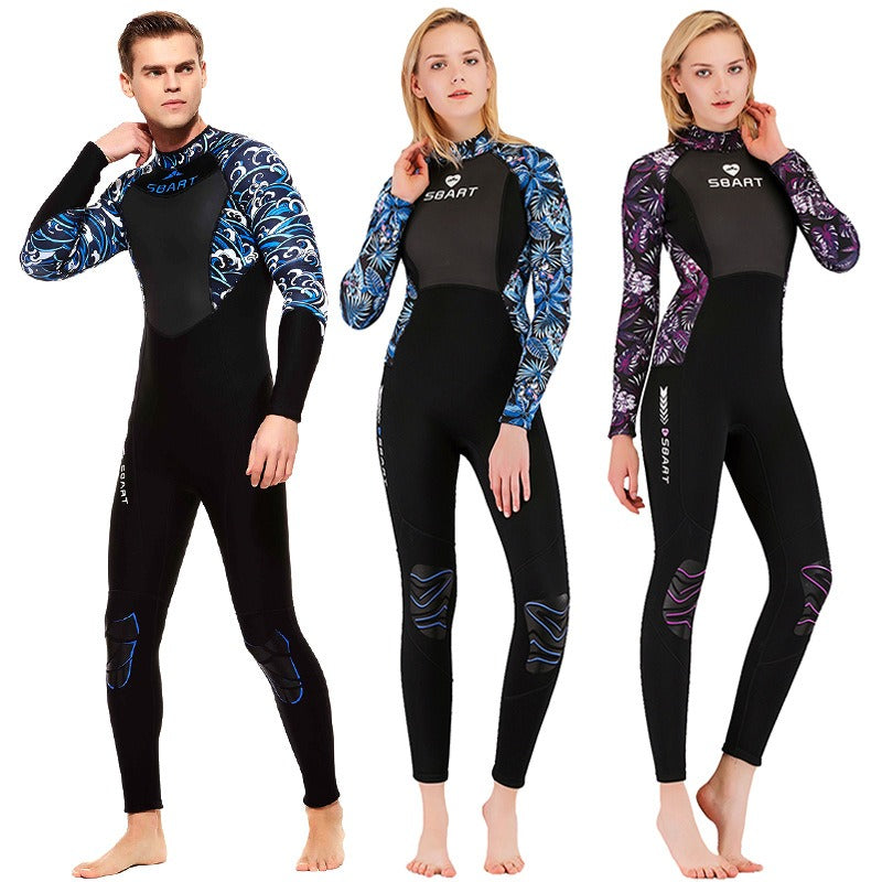Men's and women's 3MM diving suits, women's long-sleeved warm winter swimming, surfing, snorkeling suits, cross-border swimsuits, one-piece.