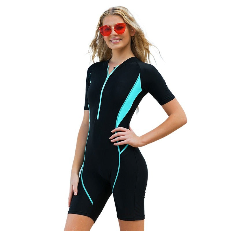 One-piece swimsuit women's solid color short-sleeved conservative sunscreen tight-fitting quick-drying high elastic with chest pad adult swimsuit