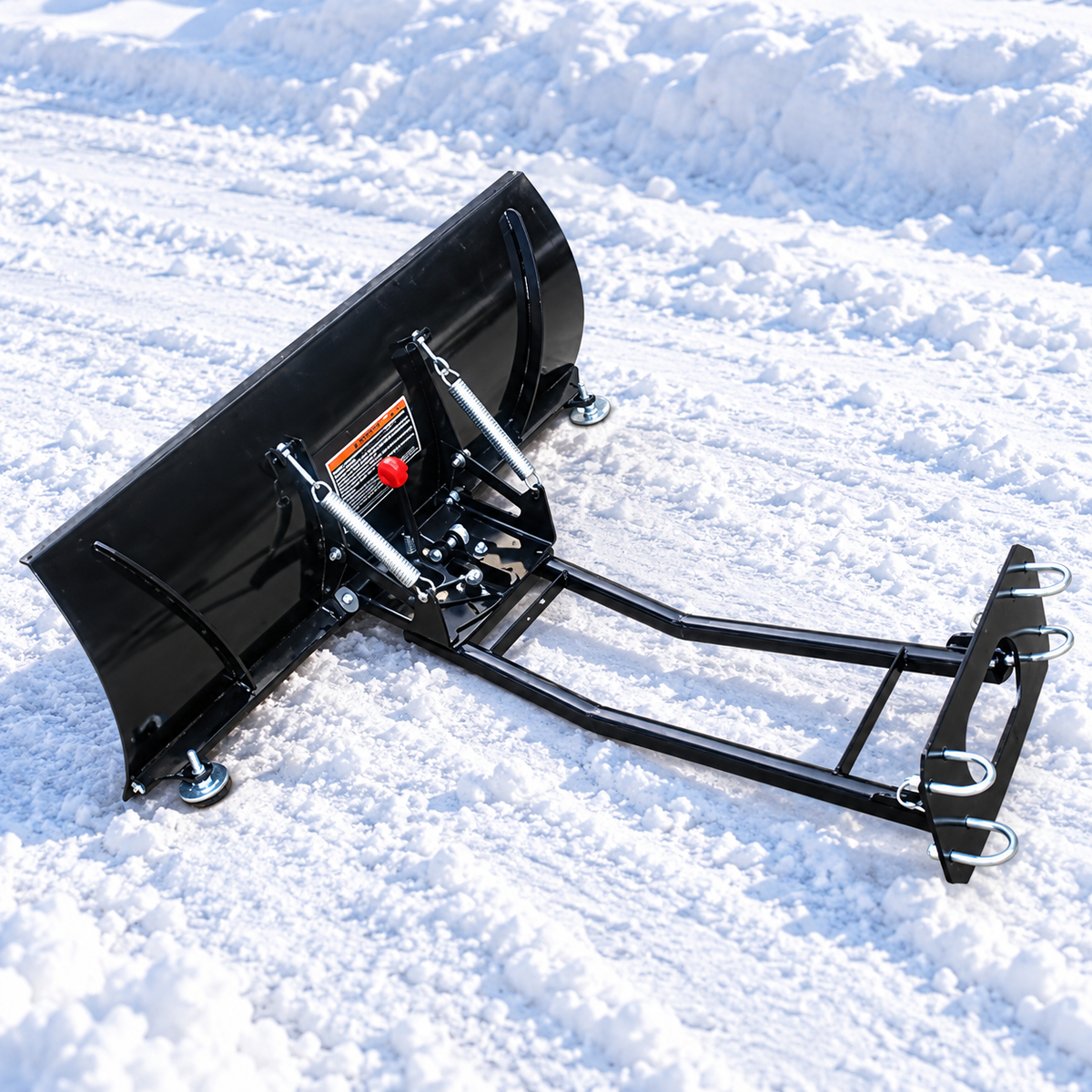 Snow plow blade and vehicle mounting frame assembly