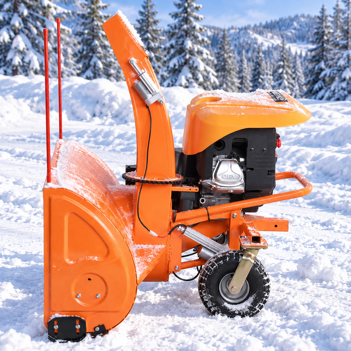 Side view of front-mounted snow blower attachment