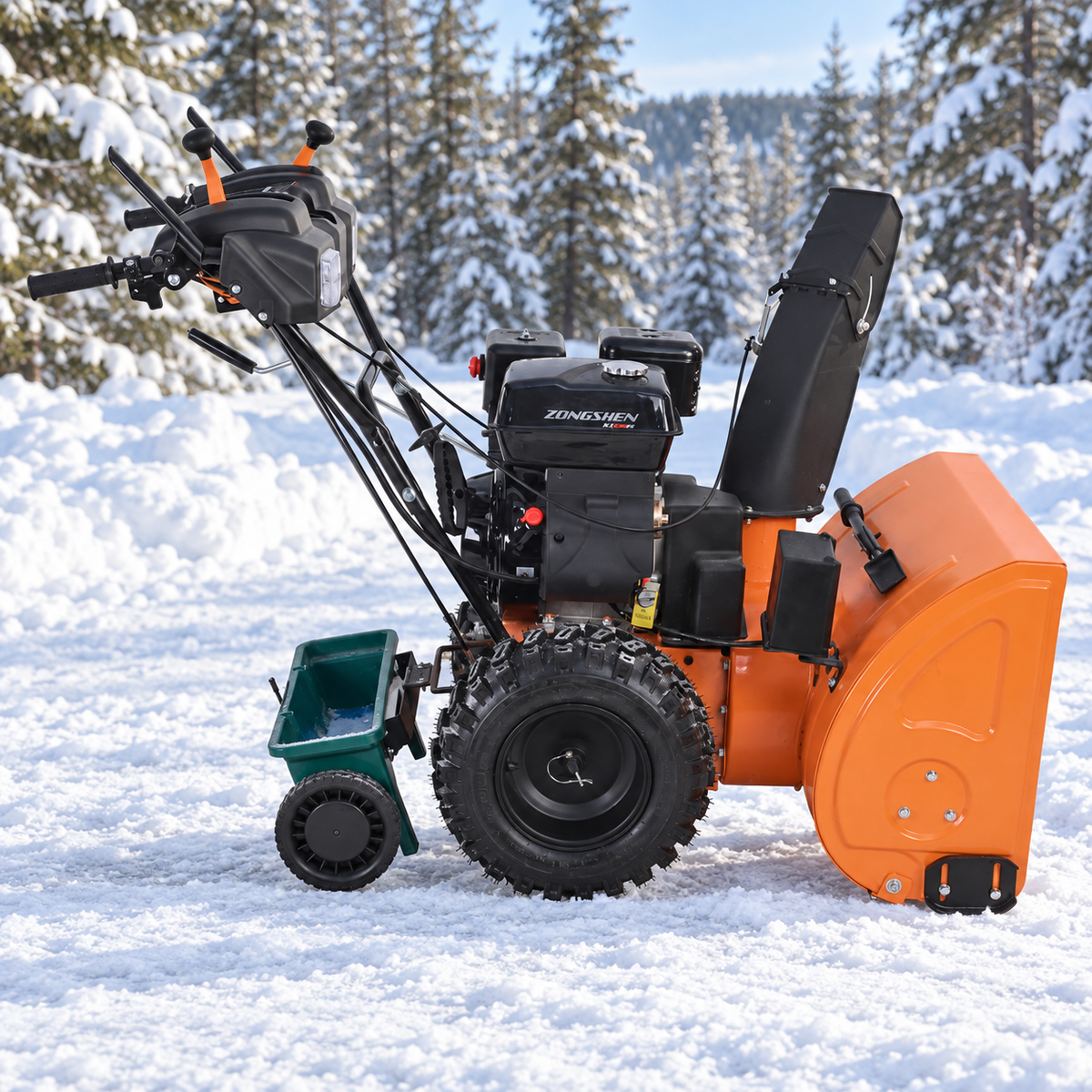 Gas snow blower shown in wheel configuration