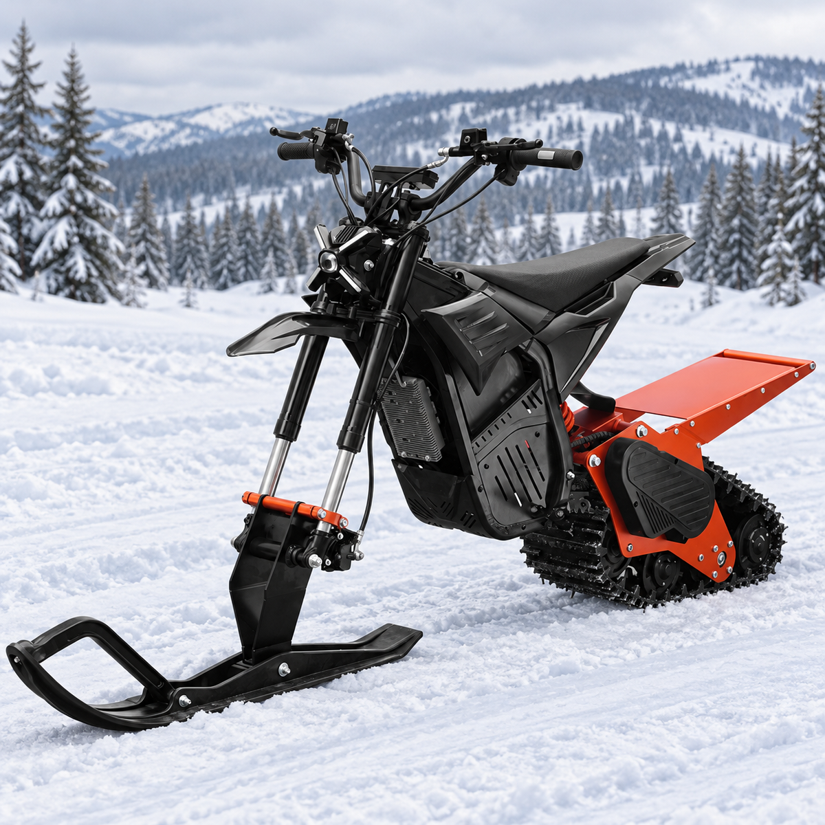 QC26-2 electric snow bike front three-quarter view in black and orange