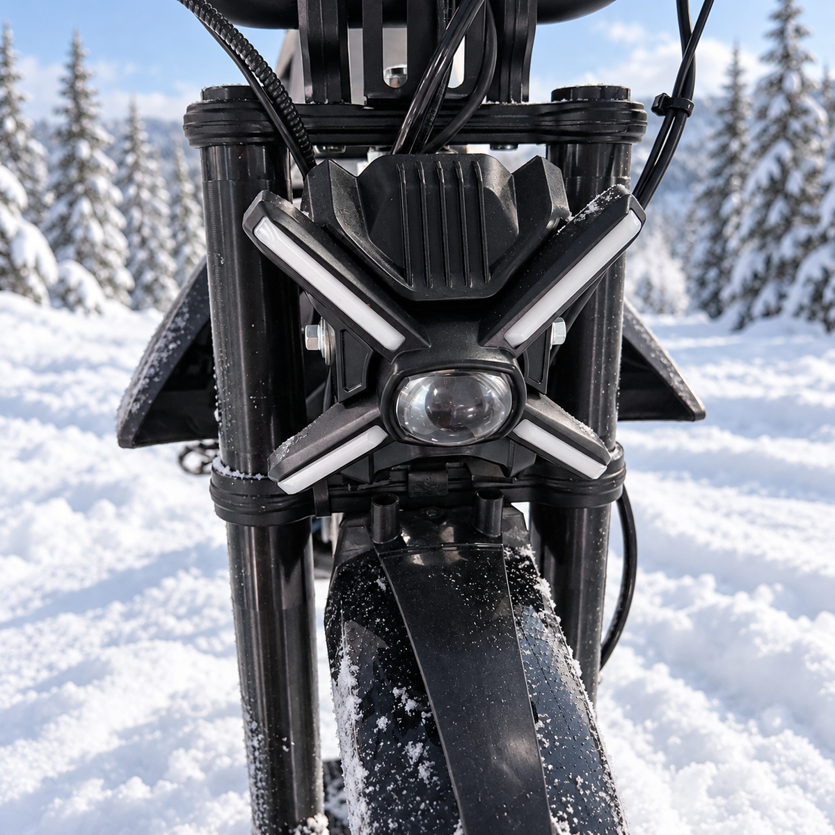QC26-2 electric snow bike front headlight close-up
