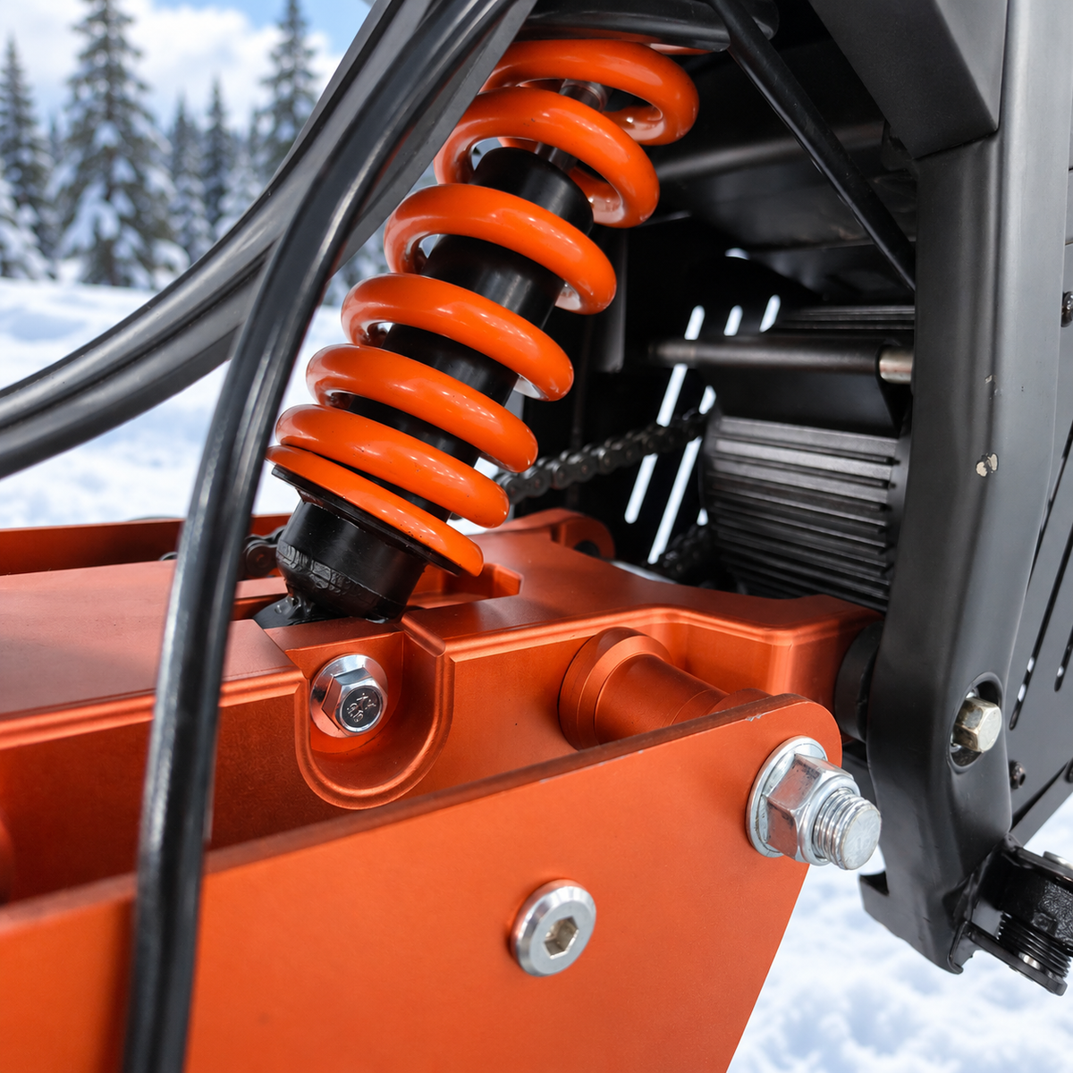 QC26-2 electric snow bike rear suspension close-up