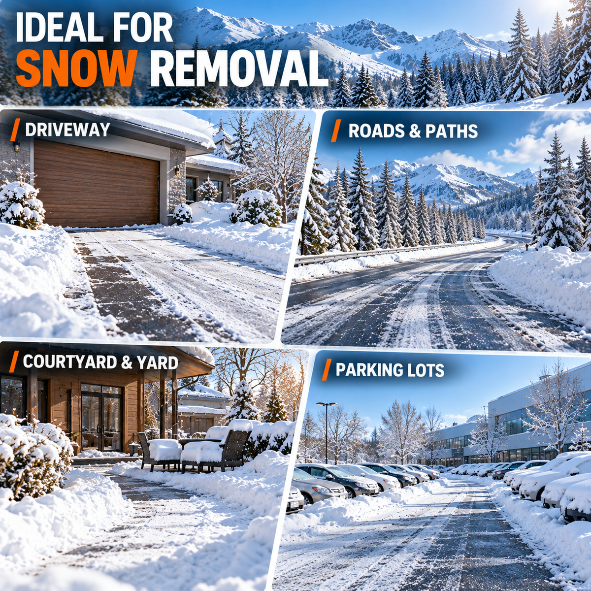 Snow plow use cases for driveways roads paths yards and parking lots