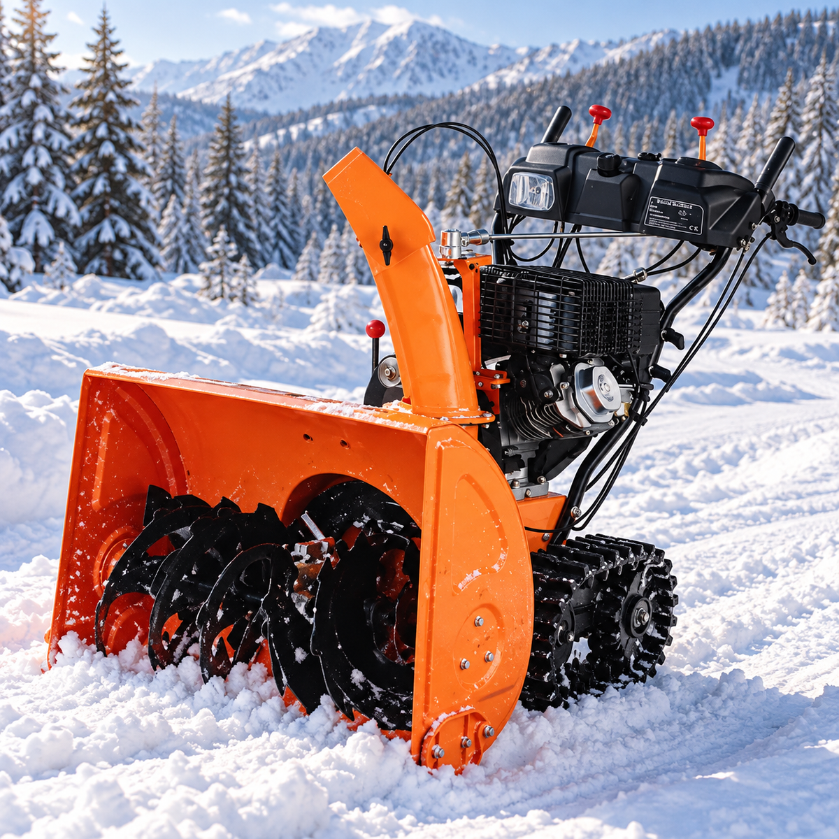 Tracked gas snow blower side view with discharge chute
