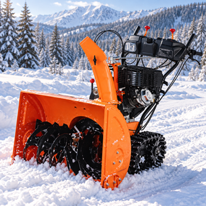 Tracked gas snow blower side view with discharge chute