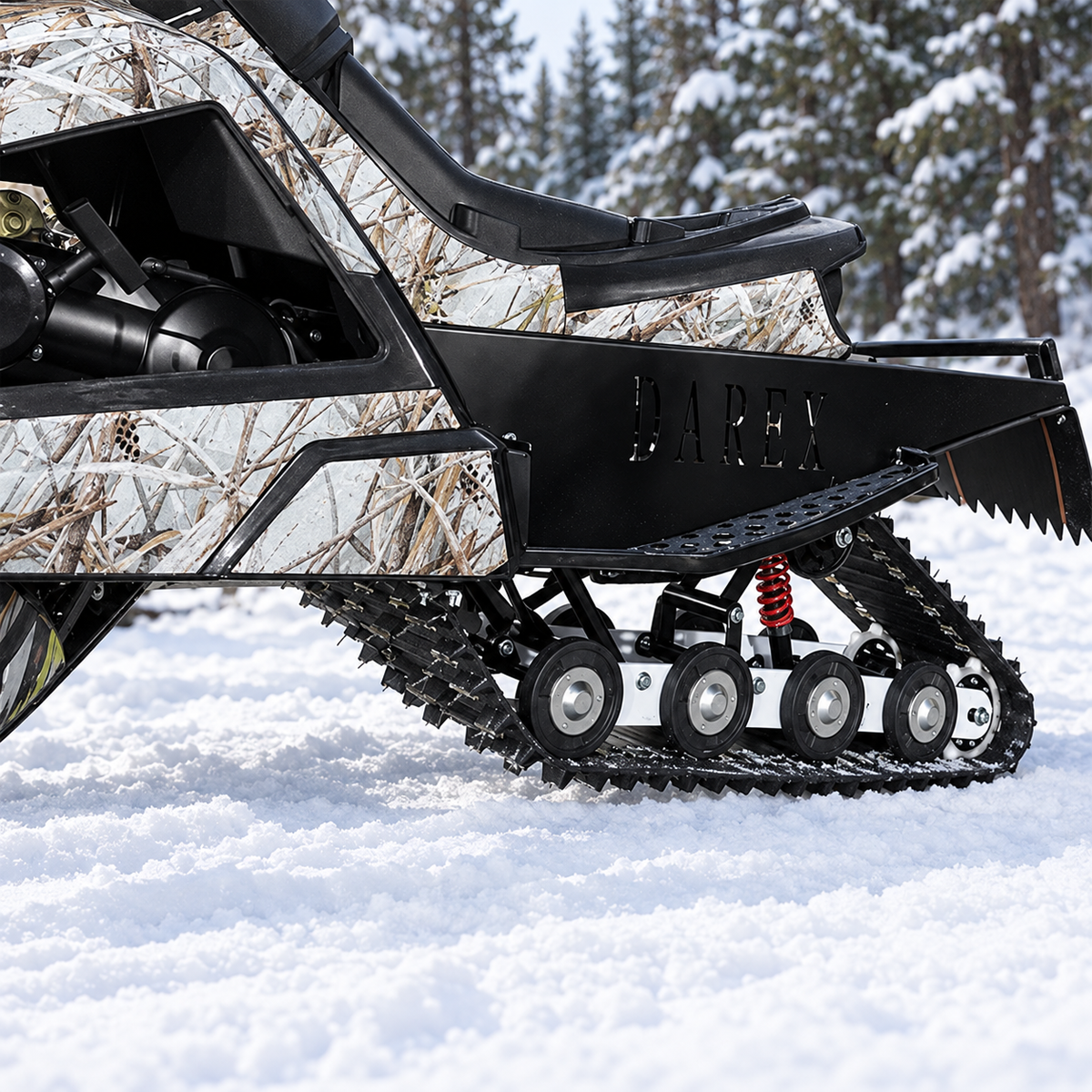 YQ1 snowmobile rear track and suspension close-up