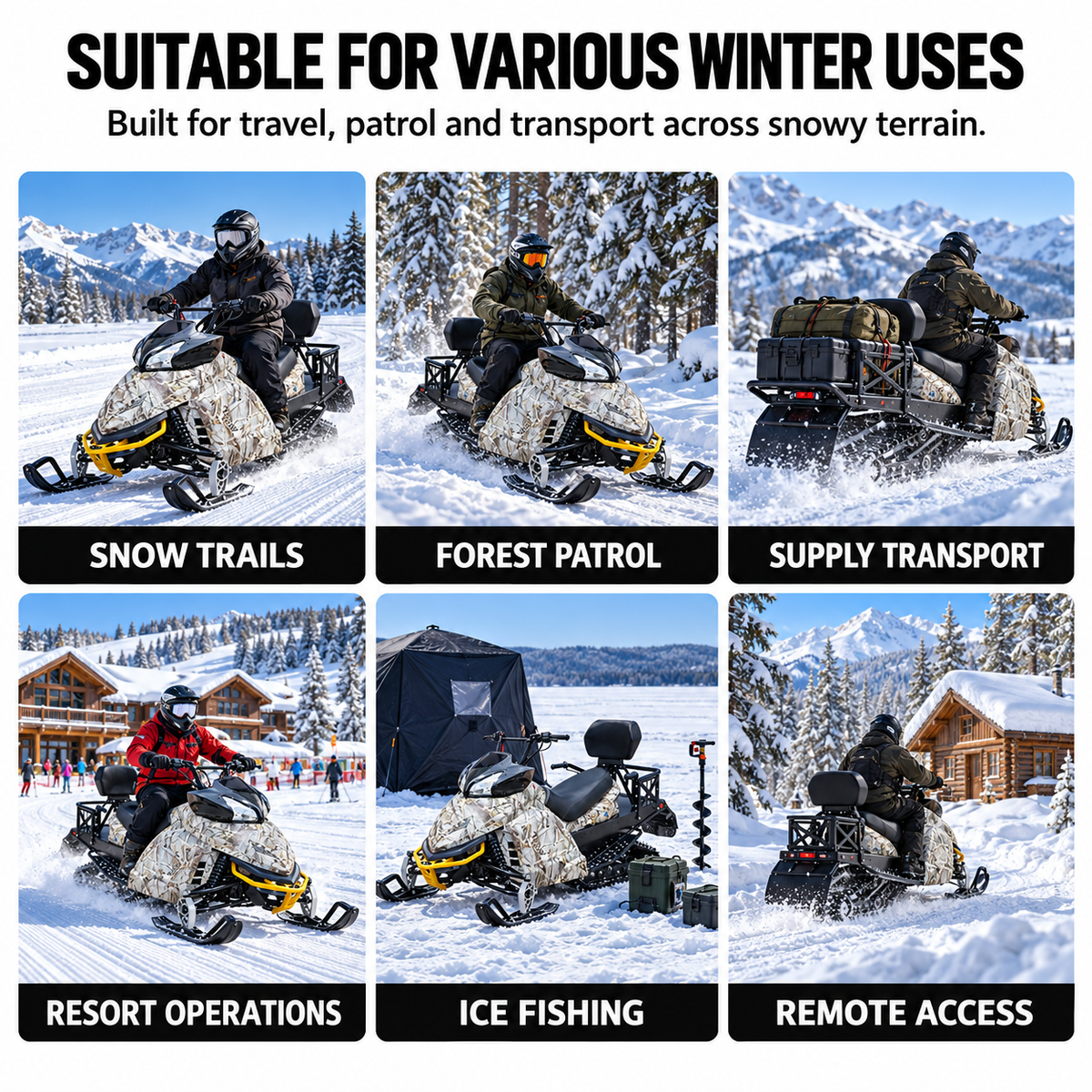 YQ1 snowmobile shown in winter travel and utility use cases